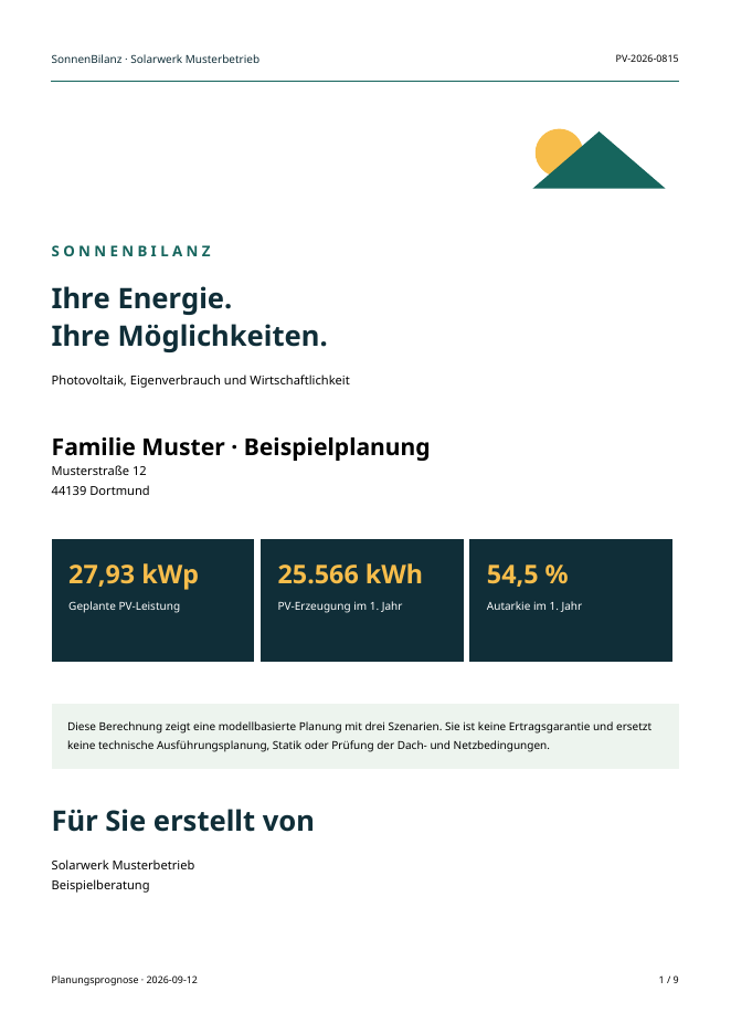 Originaler SonnenBilanz-Beispielbericht für Familie Muster: 27,93 kWp, 25.566 kWh Jahresertrag und 54,5 Prozent Autarkie.
